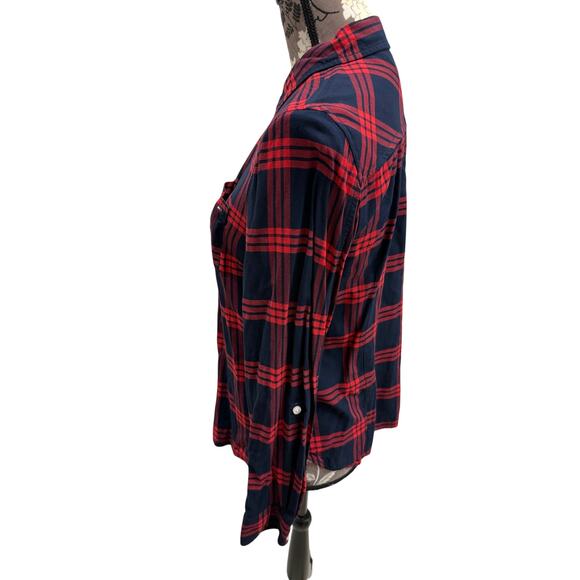 Tommy Hilfiger Womens Shirt Large Red Blue Button Up Plaid Flannel Ladies - Picture 1 of 4